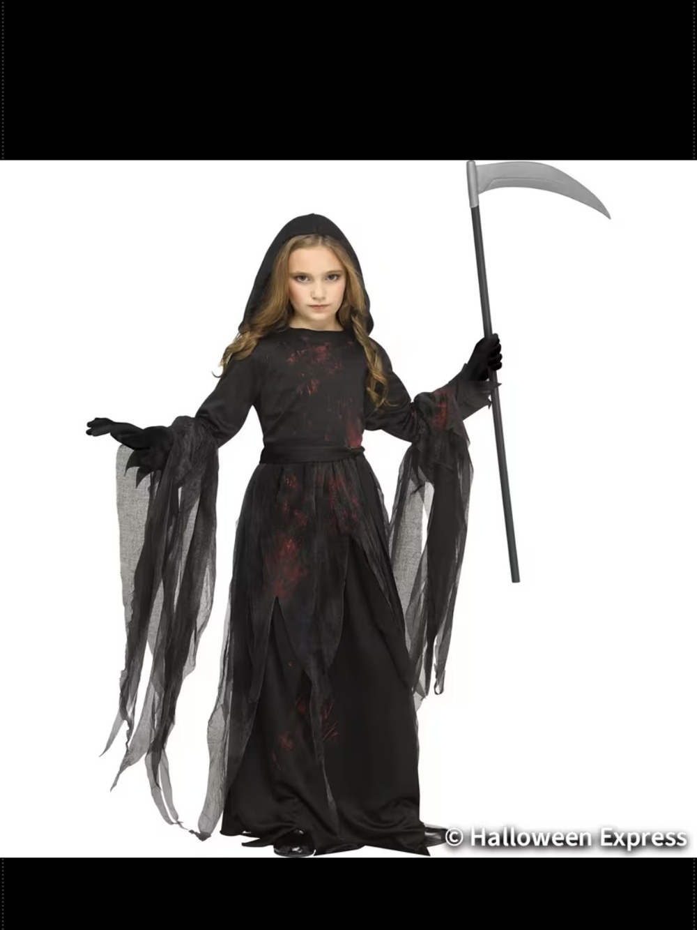 Girls Black Hooded Grim Reaper Costume with Tattered Sleeves